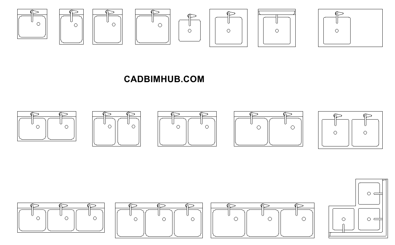 Commercial Kitchen Sink CAD Blocks — Single, Double, Triple Bowl preview