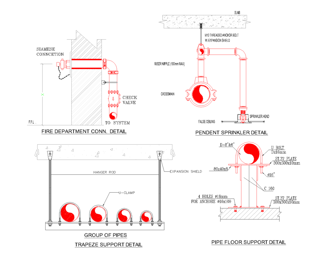 Fire Fighting Shop Drawing Details — Valves, Sprinklers, Hydrant and Pipe Supports screenshot