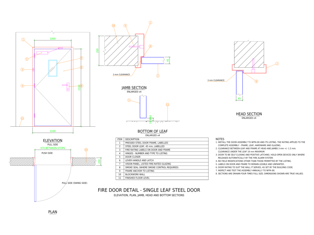 Fire Door Detail — Elevation, Plan, Jamb, Head and Bottom Sections preview