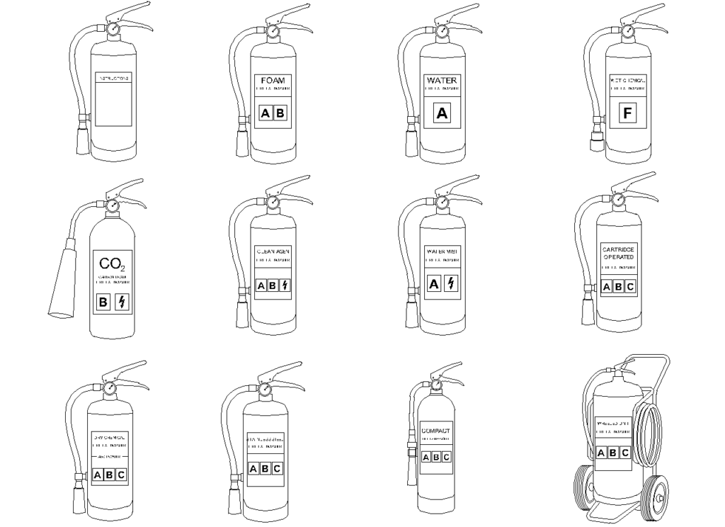 Fire Extinguisher CAD Blocks — Twelve Portable and Wheeled Types in Elevation preview