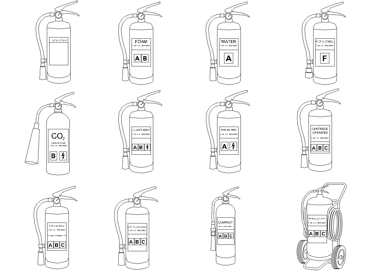 Fire Extinguisher CAD Blocks — Twelve Portable and Wheeled Types in Elevation preview