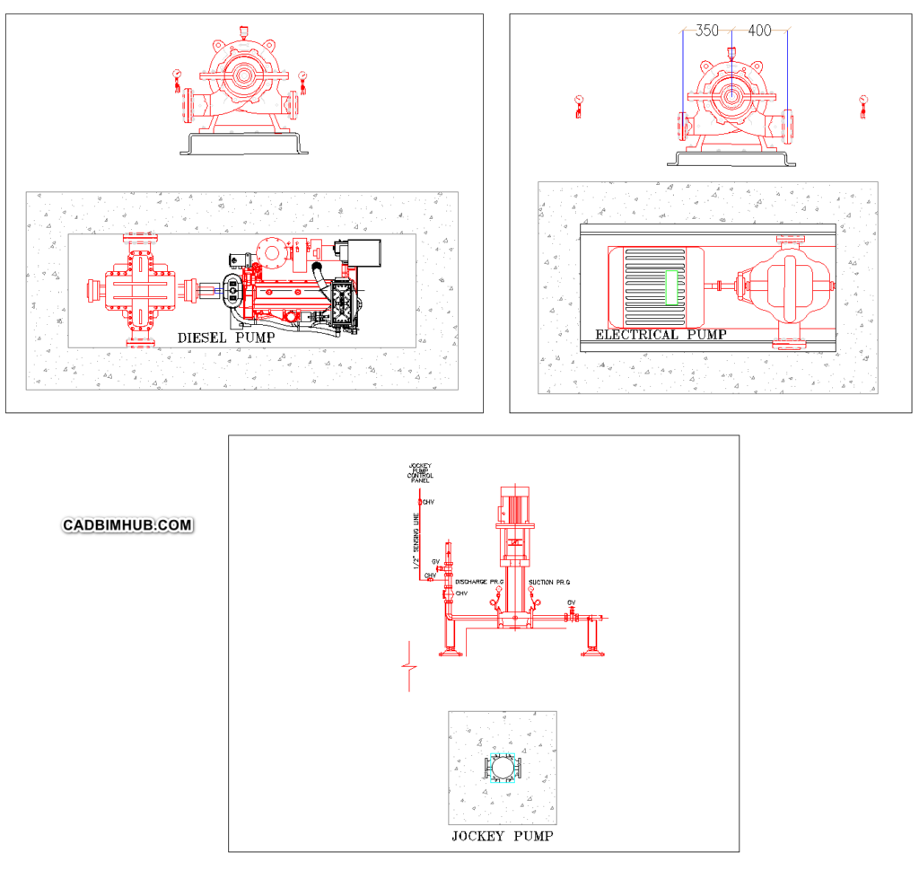 Fire Pump Set CAD Blocks — Diesel, Electric and Jockey Pump Plan and Elevation preview