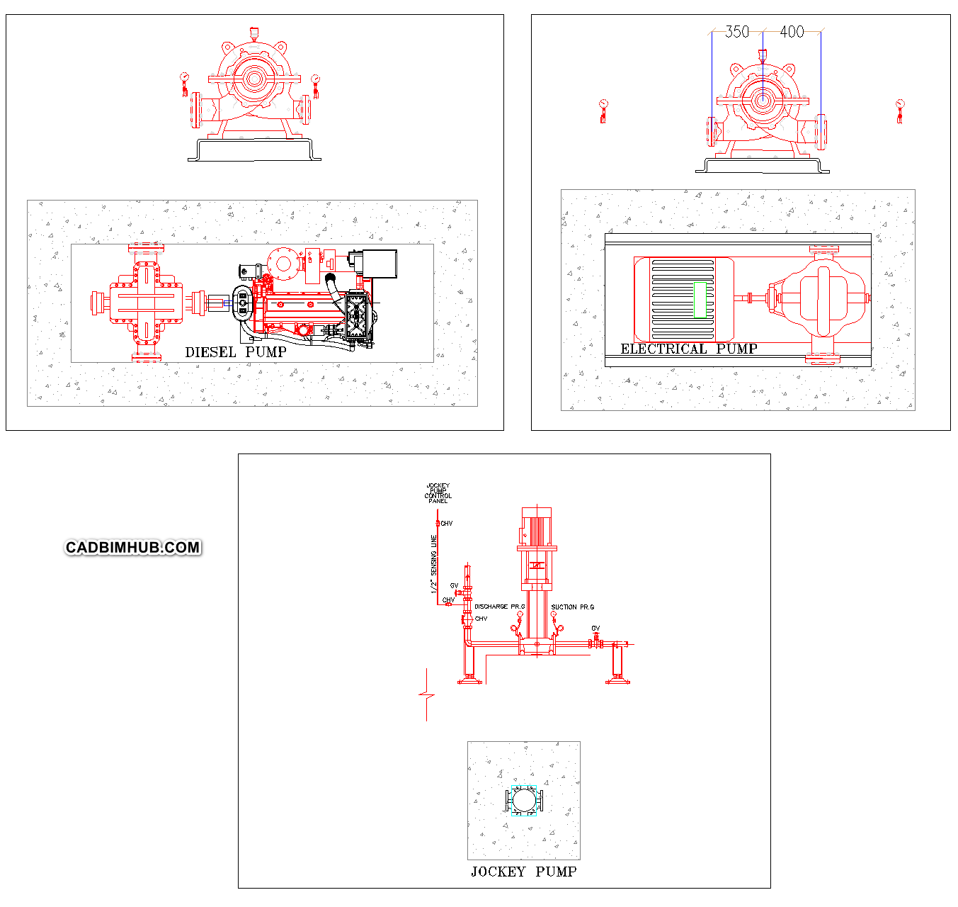 Fire Pump Set CAD Blocks — Diesel, Electric and Jockey Pump Plan and Elevation preview