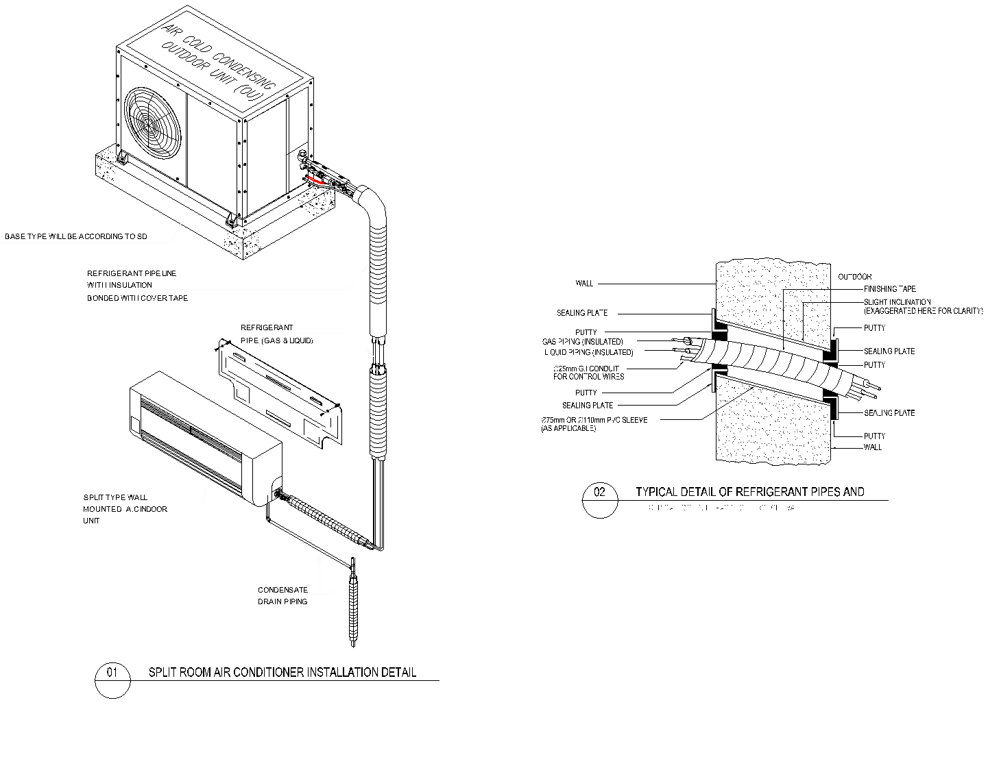 Split Room Air Conditioner Installation Detail with Wall Penetration Section preview