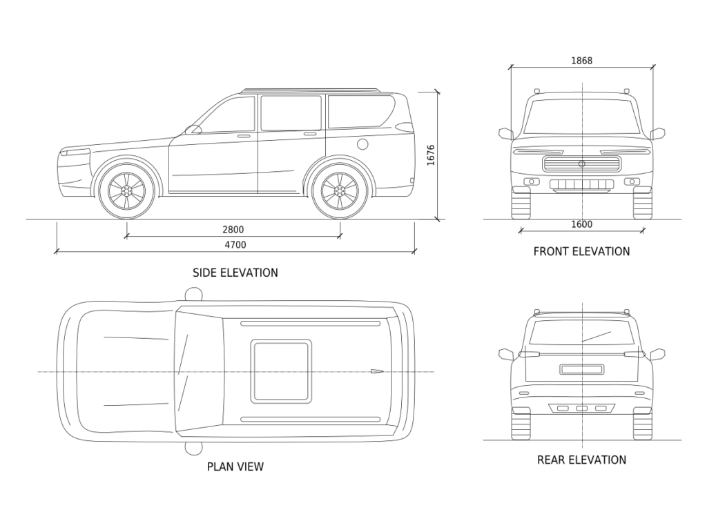 SUV CAD Block — Plan, Side, Front and Rear Elevations preview