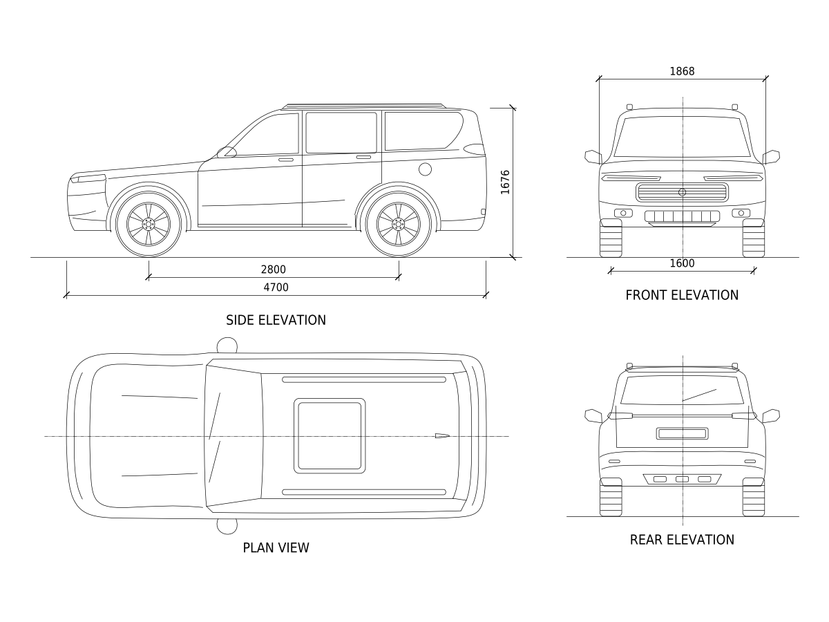 SUV CAD Block — Plan, Side, Front and Rear Elevations preview