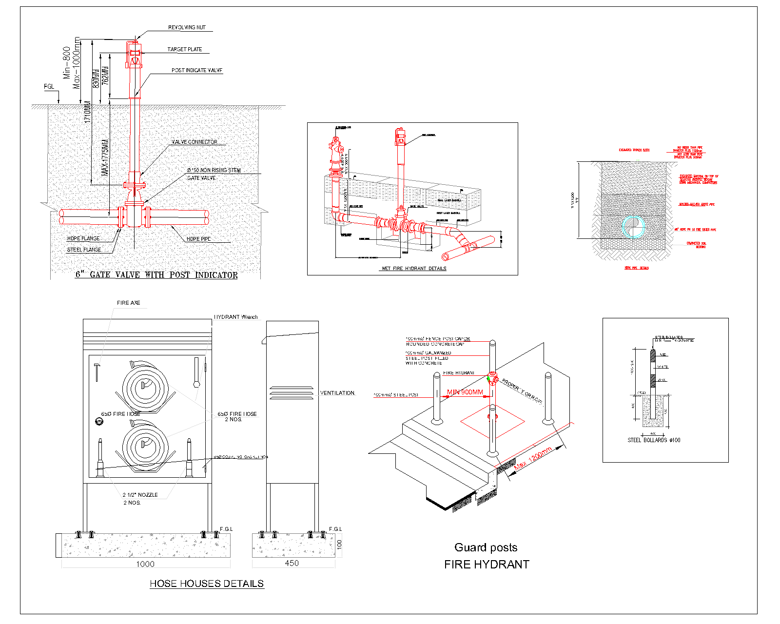 Wet Fire Hydrant Installation Details — PIV, Hose House and Guard Posts preview